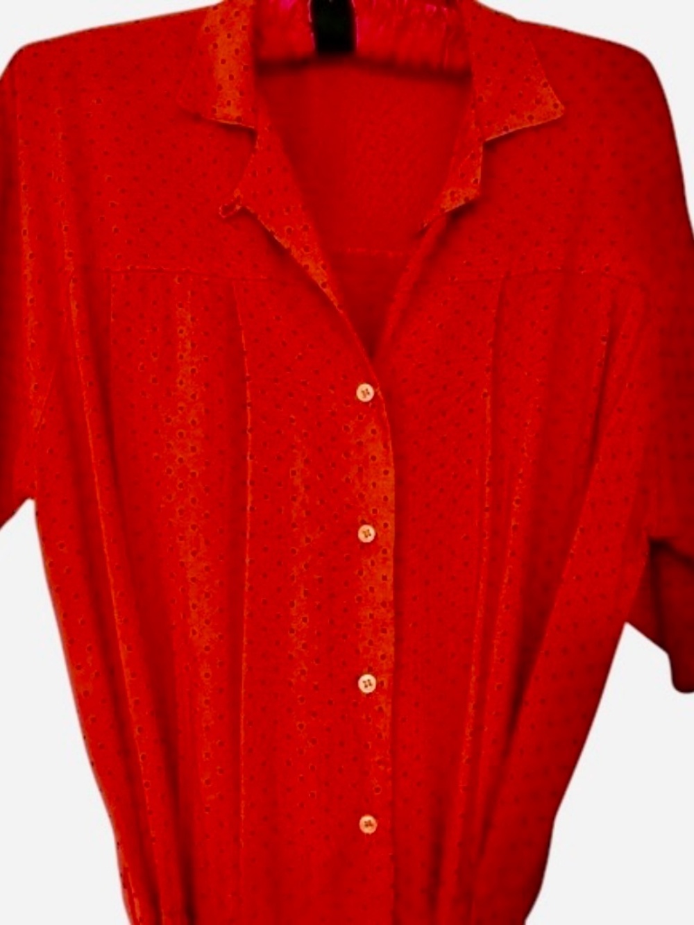 Vtg Dress Red Black Polka Dot 80's Size L Button Up Elastic Waist Belted